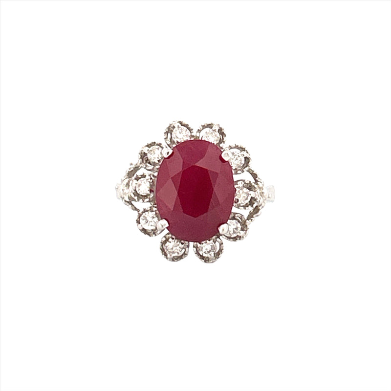 14K Gold Oval Ruby with Floral Halo Diamond Ring