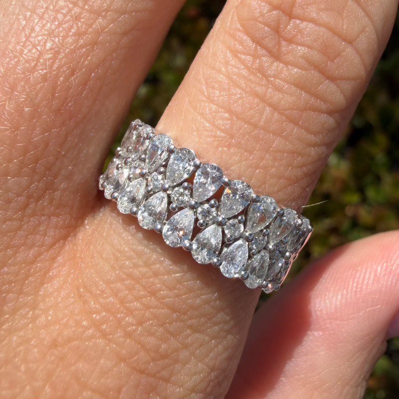 14K Gold Pear and Round Three Row Diamond Band