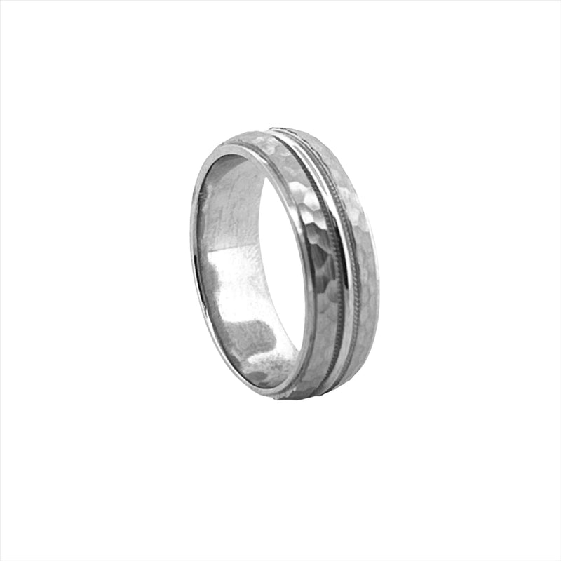 14K Gold Mens Hammered Center Groove Band