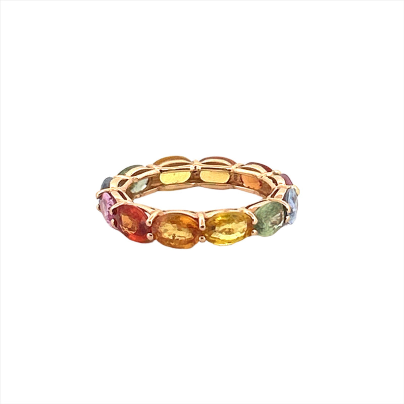 14K Gold Rainbow Sideways Oval Sapphire Basket Eternity Band