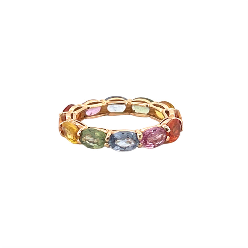 14K Gold Rainbow Sideways Oval Sapphire Basket Eternity Band