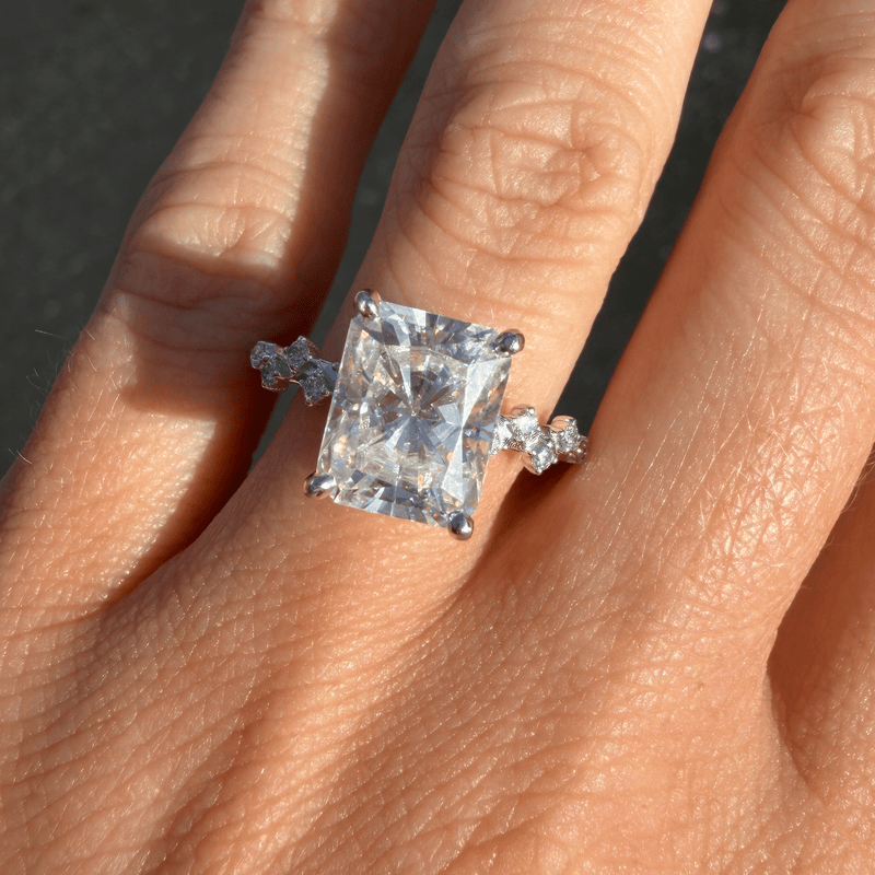 14K Gold Lab Grown Radiant Diamond Under Halo Staggered Diamond Engagement Ring