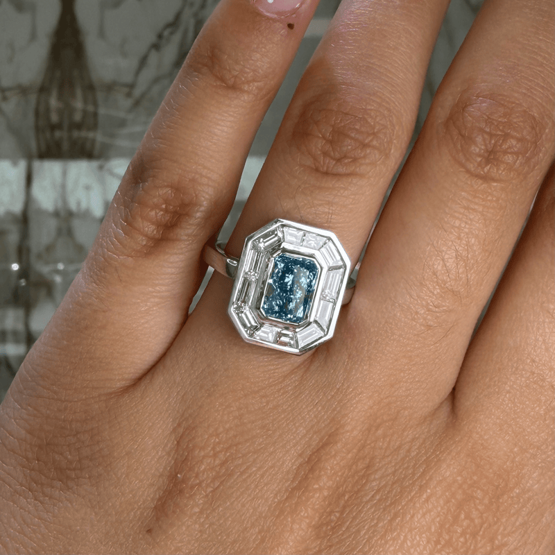 14K Gold Lab Grown Blue Diamond Baguette Bezel Band