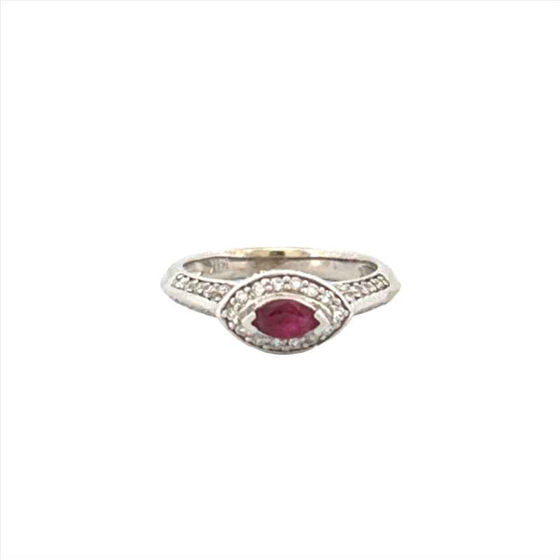 14K Gold Marquise Ruby Diamond Halo Cathedral Ring