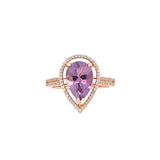 14K Gold 3.00 Carat Pear Amethyst Halo Two Row Diamond Cathedral Engagement Ring