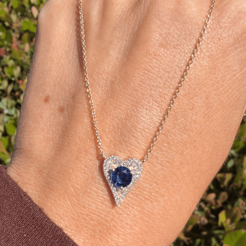 14K Gold Round Sapphire Diamond Heart Pave Pendant Necklace