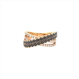 14K Gold Black Diamond and Diamond Crossed Two Row Ring