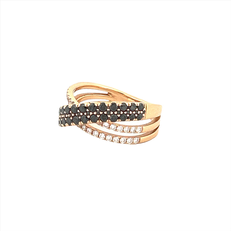 14K Gold Black Diamond and Diamond Crossed Two Row Ring