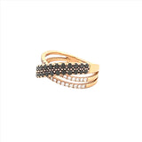 14K Gold Black Diamond and Diamond Crossed Two Row Ring