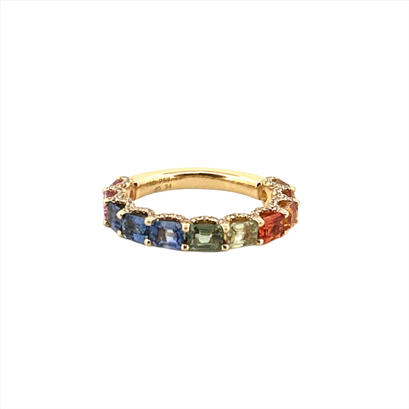 14K Gold Rainbow East West Emerald Sapphire U-Prong Band
