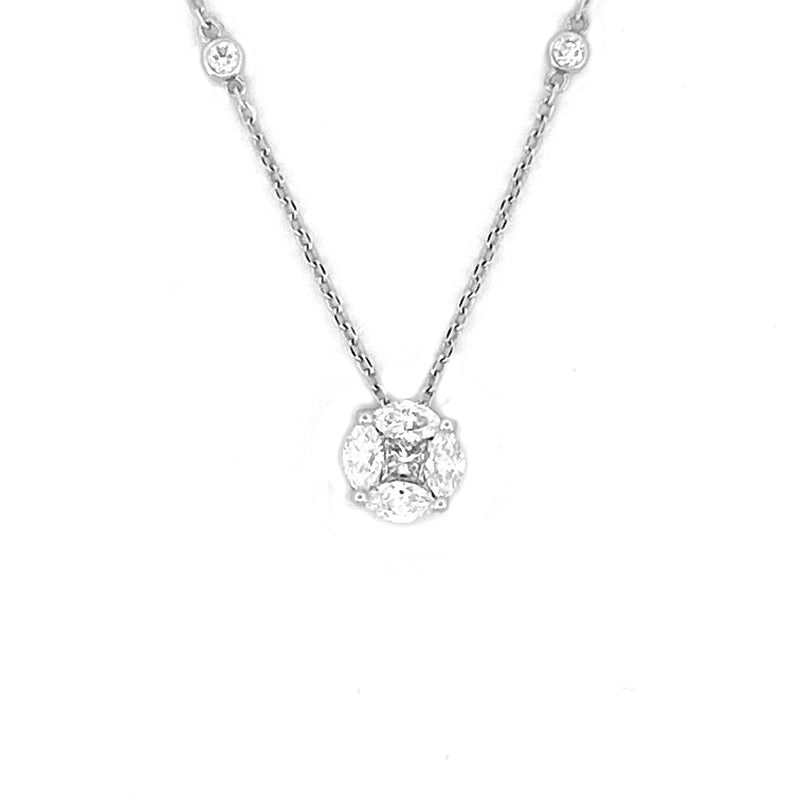 14K Gold Round Shape Cluster Diamond Pendant Necklace
