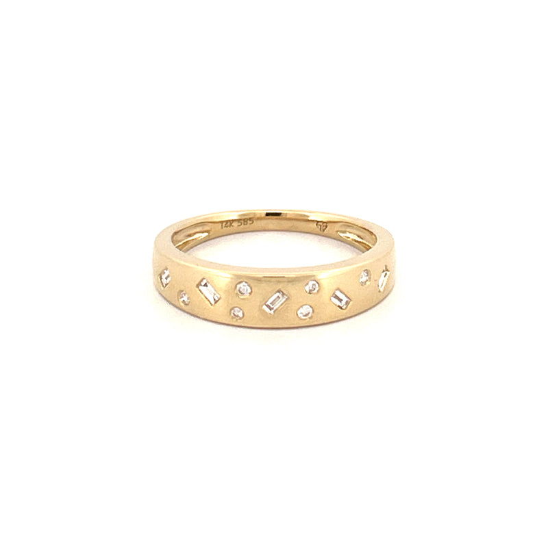 14K Gold Oblique Baguette and Round Diamond Fashion Band