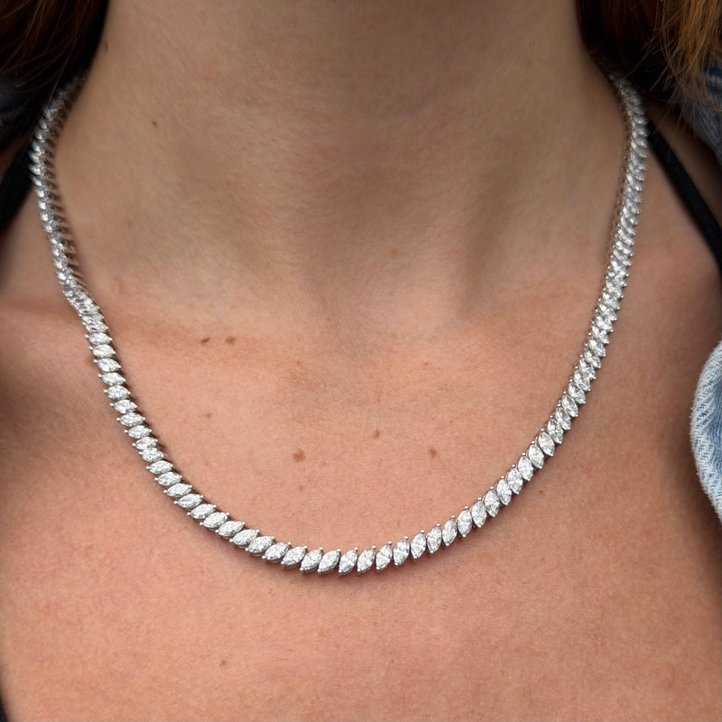 14K Gold Slant Lab Grown Marquise Cut Diamond Tennis Necklace