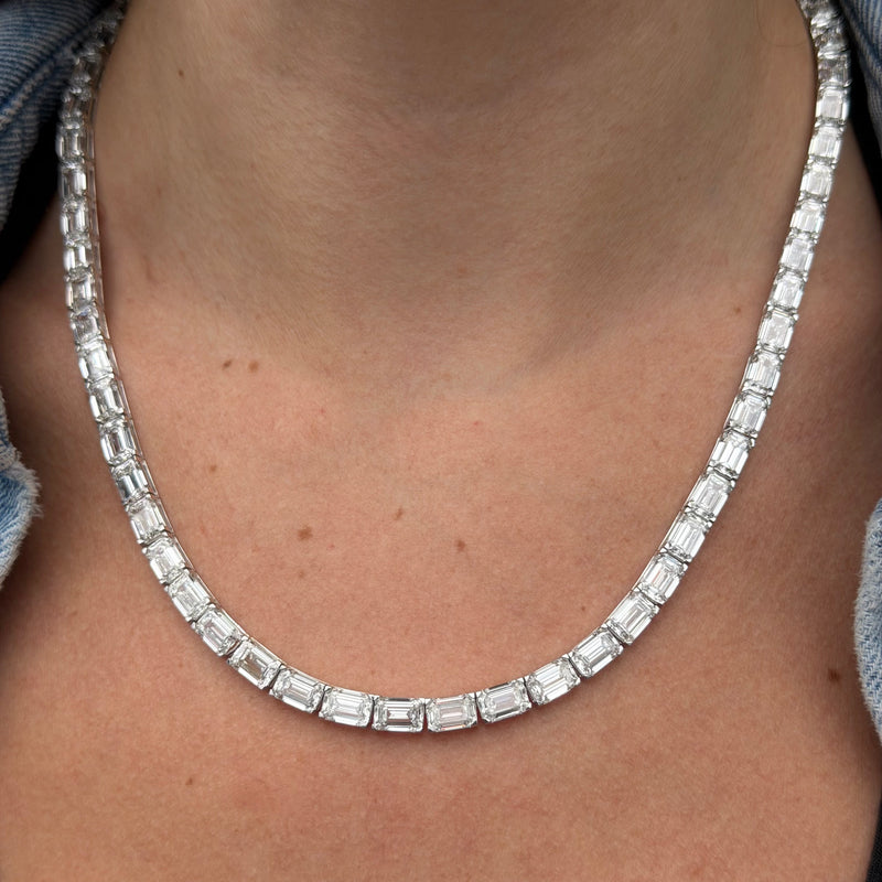 14K Gold East West Large Lab Grown Emerald Cut Diamond Tennis Necklace