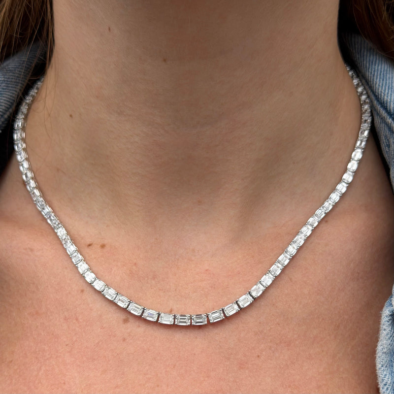14K Gold East West Lab Grown Emerald Cut Diamond Tennis Necklace