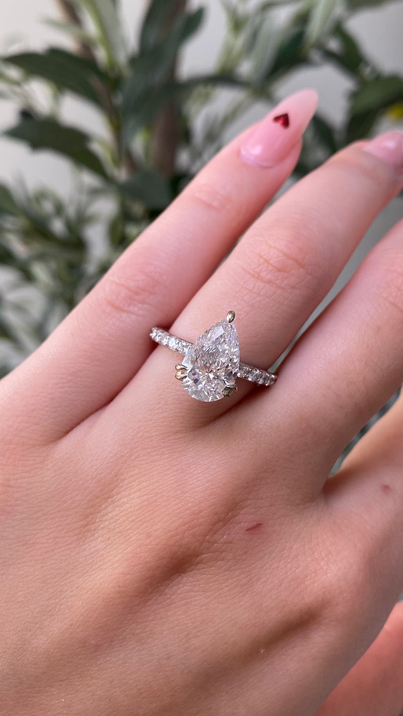 [SPECIAL] 14K Gold 3.00 Carat Lab Grown Pear Diamond Prong Set Under Halo Engagement Ring