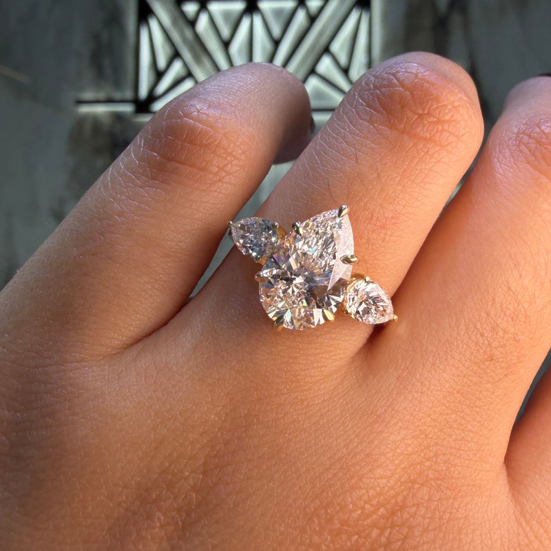 14K Gold 3.80 Carat Lab Grown Trio Pear Engagement Ring