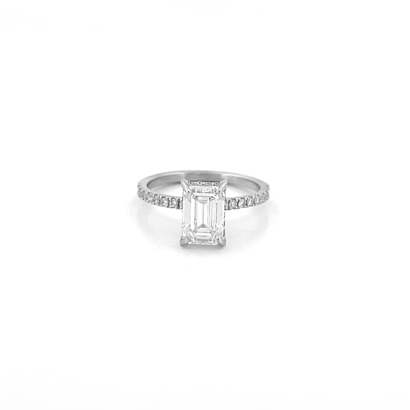 14K Gold Lab Grown Emerald Cut Diamond Prong Setting Under Halo Engagement Ring