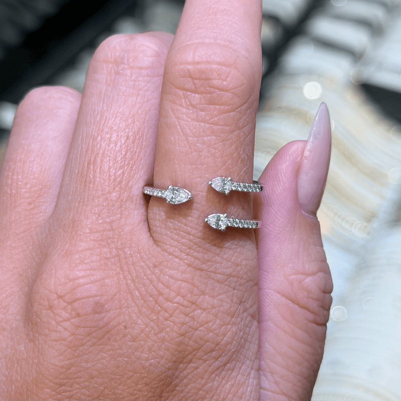 14K Gold Three Row Open Pear Diamond Staggered Band