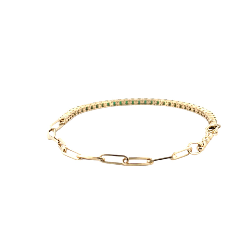 14K Gold Half Paper Clip and Half Emerald Tennis Bracelet