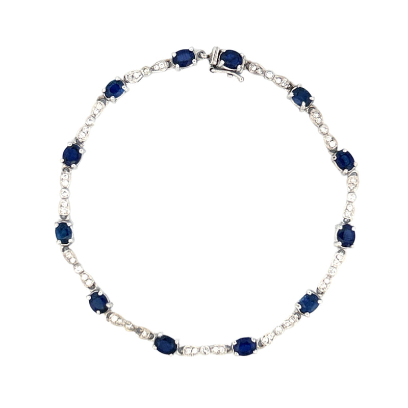 14K Gold Sapphire Station Bracelet w/ Diamond Marquise and Round Links