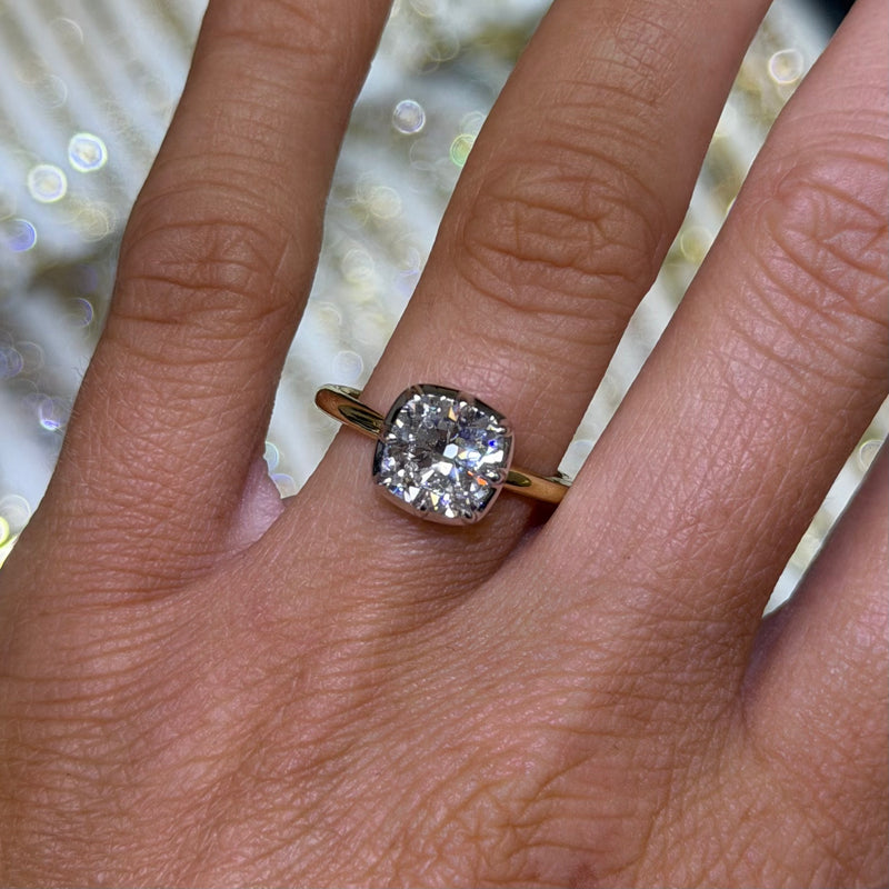 14K Two Tone Gold Eight Prong Lab Grown Cushion Diamond Bezel Solitaire Engagement Ring