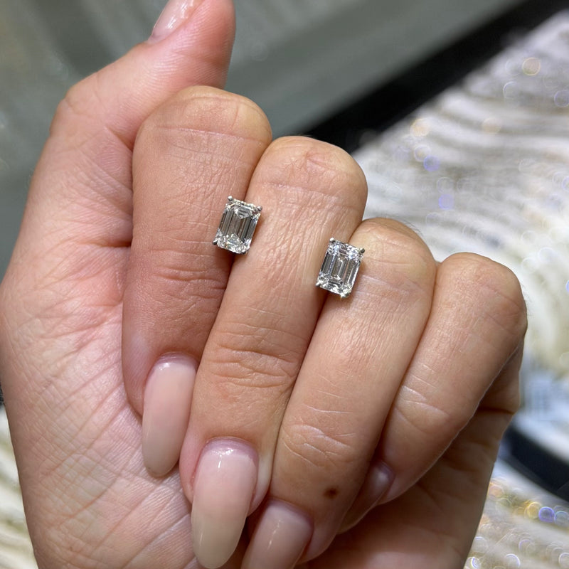 14K Gold Lab Grown Emerald Cut Basket Set Diamond Stud Earrings