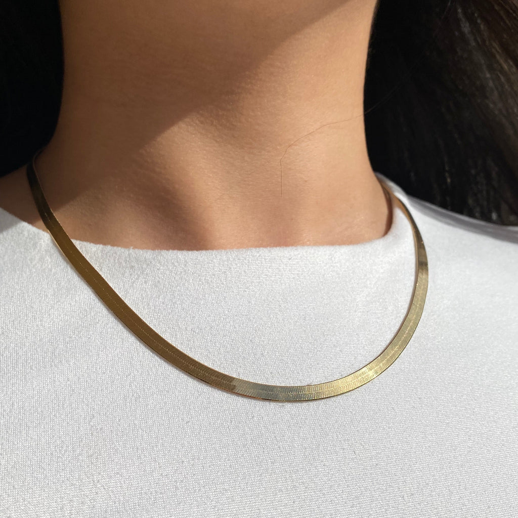 7mm Herringbone Chain Necklace - 14K Yellow Gold Plated Over 925 Sterling Silver | Adjustable Length 16-30 Inches