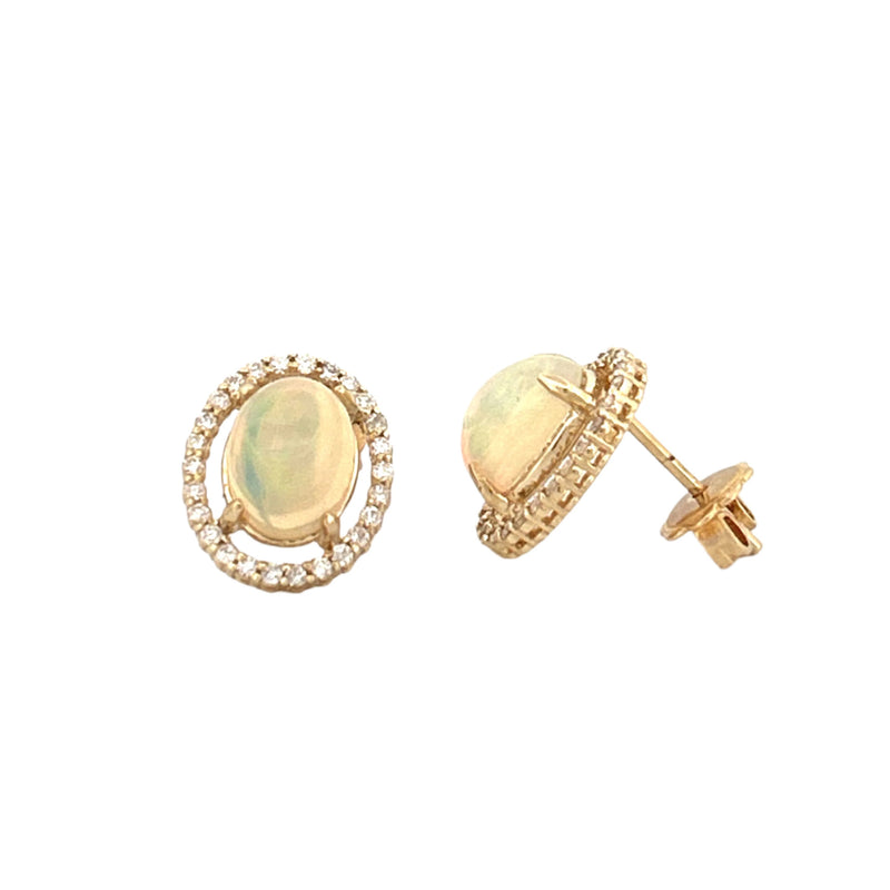 14K Gold Oval Opal Halo Diamond Earrings