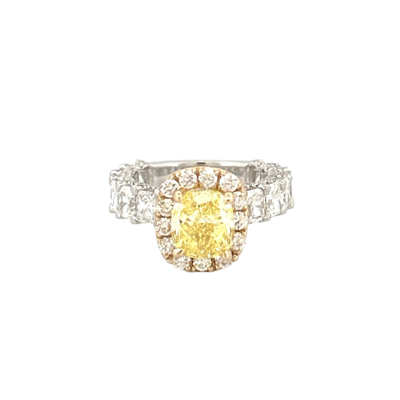 14K Two-Tone Gold Natural 1.50 Carat Cushion Yellow Diamond Radiant Diamond U Prong Engagement Ring