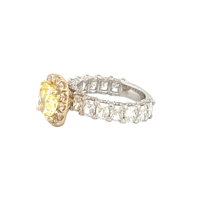 14K Two-Tone Gold Natural 1.50 Carat Cushion Yellow Diamond Radiant Diamond U Prong Engagement Ring