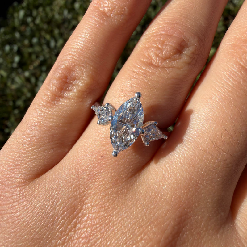 14K Gold Three Stone Lab Marquise and Kite Engagement Ring