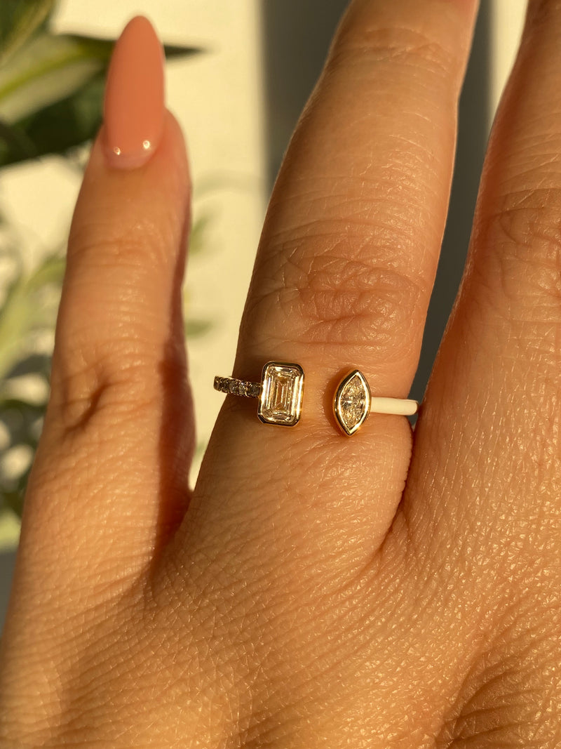 14K Gold Open Marquise and Emerald Bezel Diamond Enamel Band