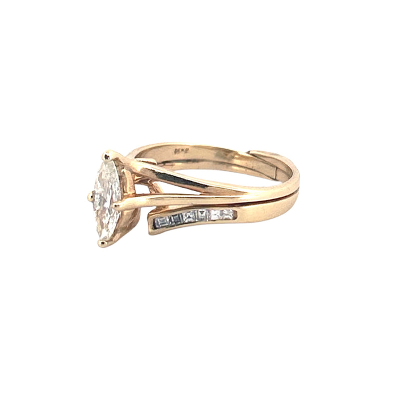 14K Gold Marquise Diamond  Baguette Channel Set Engagement Ring