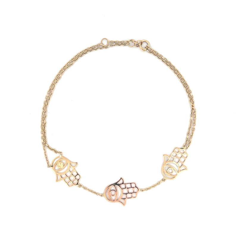 14K Gold Tri Hamsa Double Chain Bracelet