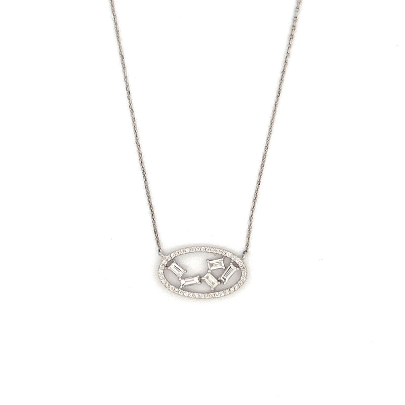 14K Gold Oval Staggered Baguette Diamond Pendant Necklace