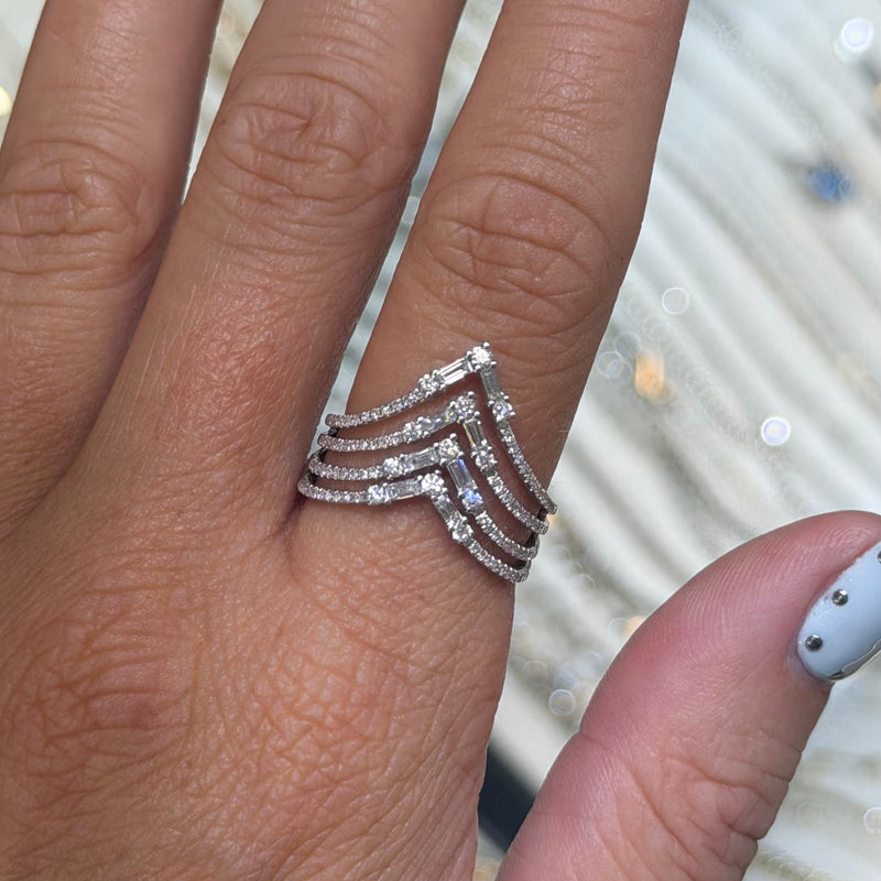 14K Gold Multi Row Curved V Diamond Band