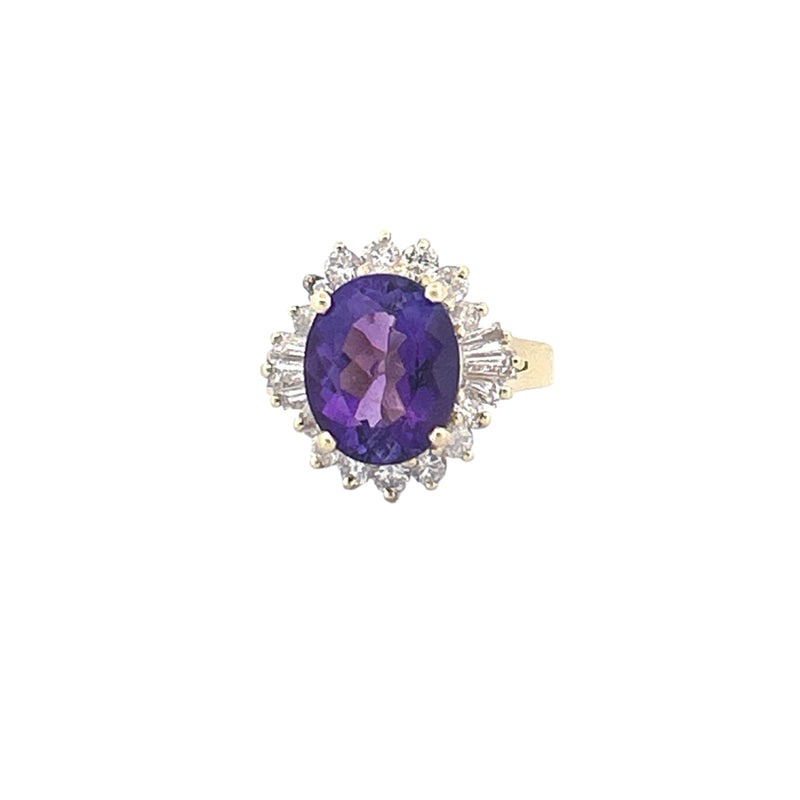 14K Gold 3.25 Carat Oval Amethyst Baguette Round Halo Engagement Ring