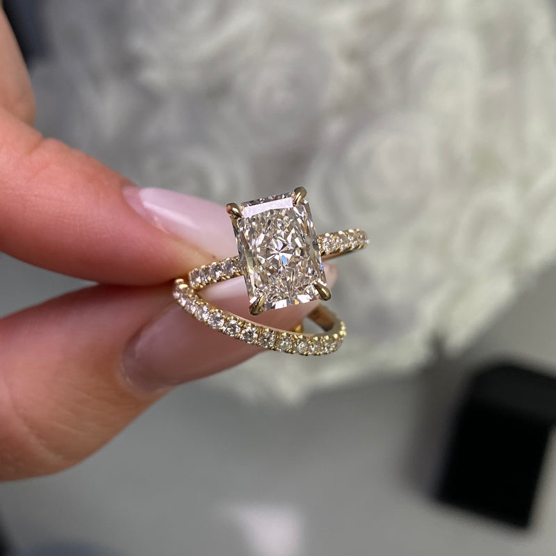 14K Gold 3.00 Carat Lab Grown Radiant Diamond Under Halo Bowtie Engagement Set