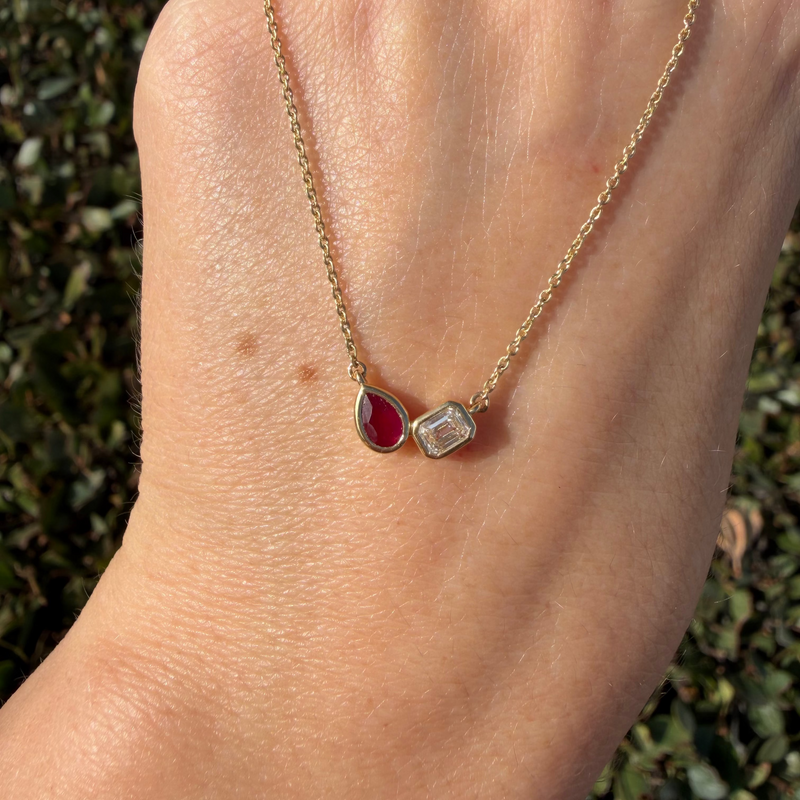 14K Gold Pear Ruby and Emerald Diamond Bezel Pendant Necklace