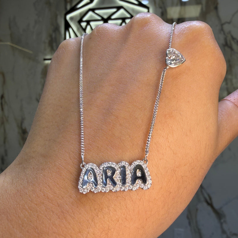 14K Gold Personalized Name Diamond Pendant with Lab Grown Heart or Emerald Diamond