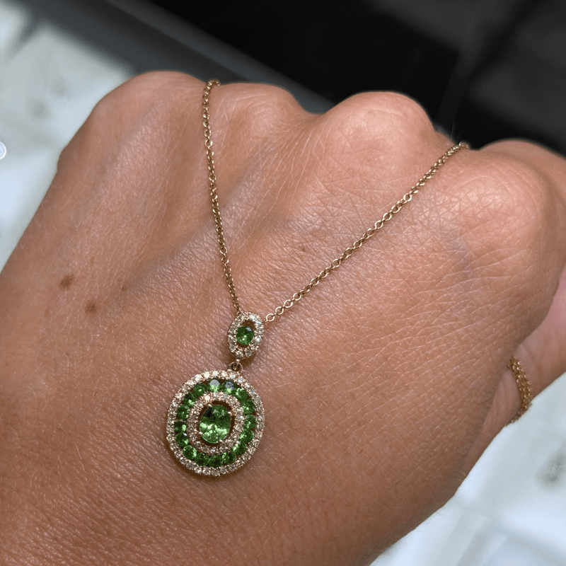 14K Gold Oval Cut Emerald Halo Pendant Necklace