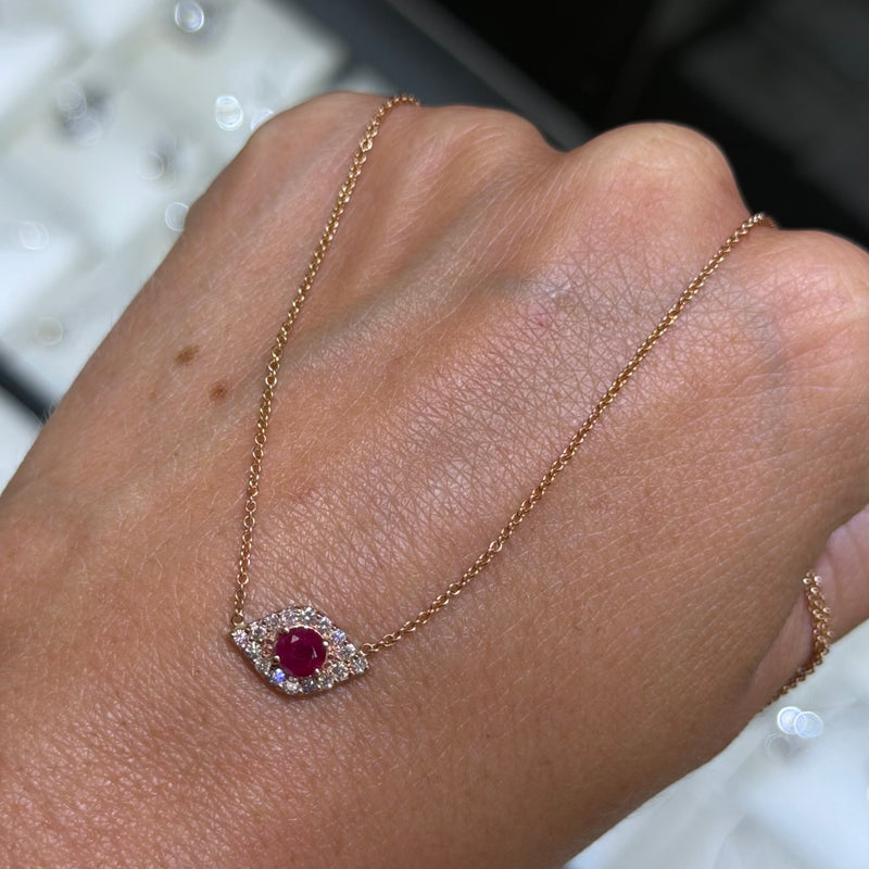 14K Gold Ruby Evil Eye Diamond Pendant Necklace