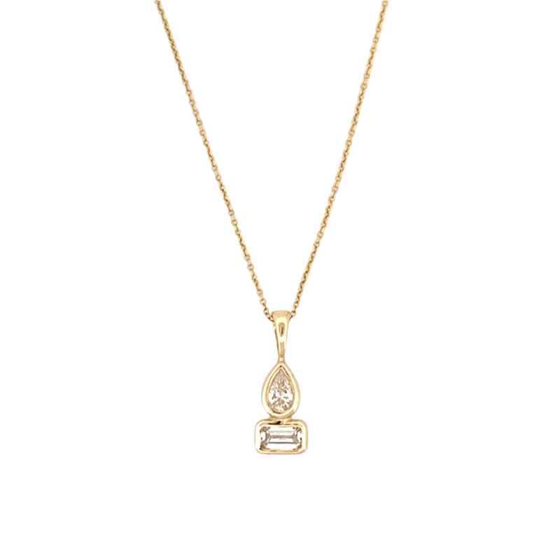 14K Gold Stacked Pear and Emerald Diamond Bezel Pendant Necklace