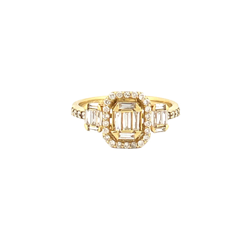 14K Gold Baguette Cluster Diamond Three Stone Halo Engagement Ring