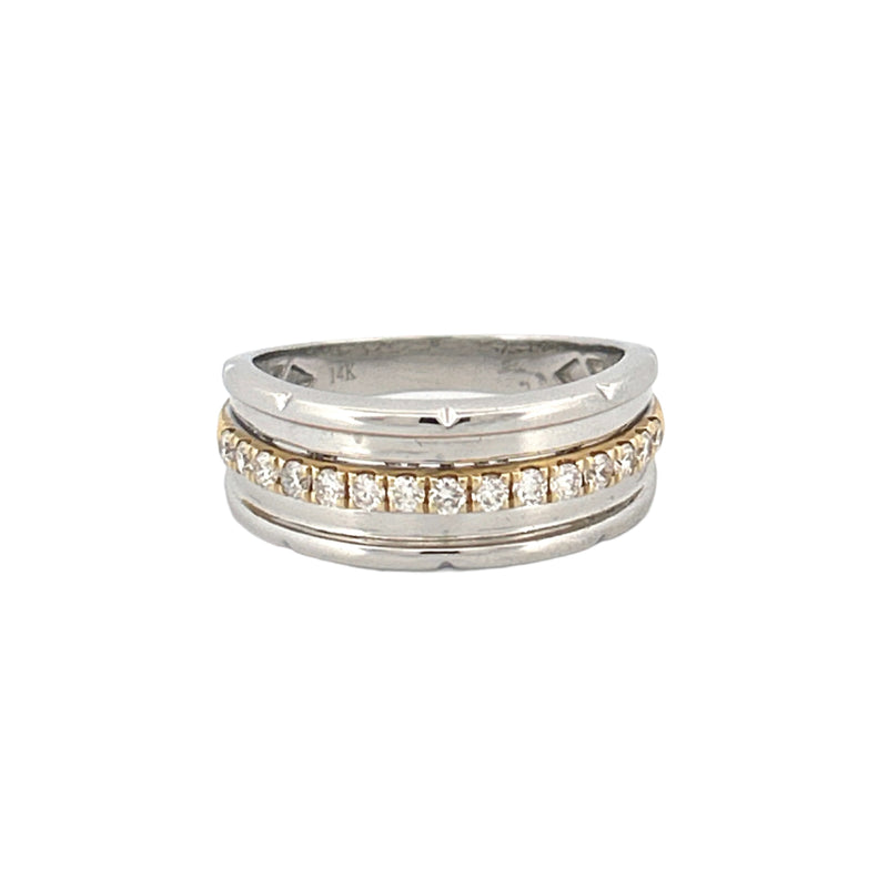14K Two Tone Gold Notched Center Row Diamond Mens Band