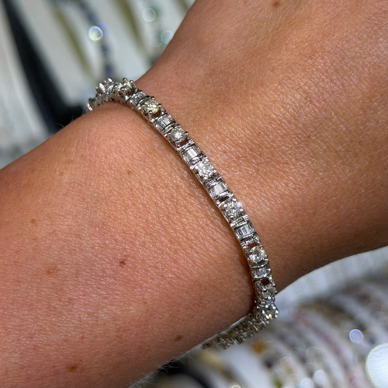 14K Gold Round and Baguette Natural Diamond Tennis Bracelet