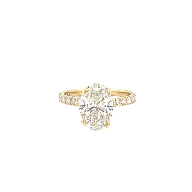 14K Gold 3.00 Carat Lab Grown Oval Diamond Prong Set Engagement Ring with Diamond Under Halo and Prongs