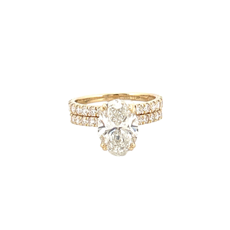 14K Gold 3.00 Carat Lab Grown Oval Diamond Prong Set Engagement Set with Diamond Under Halo and Prongs