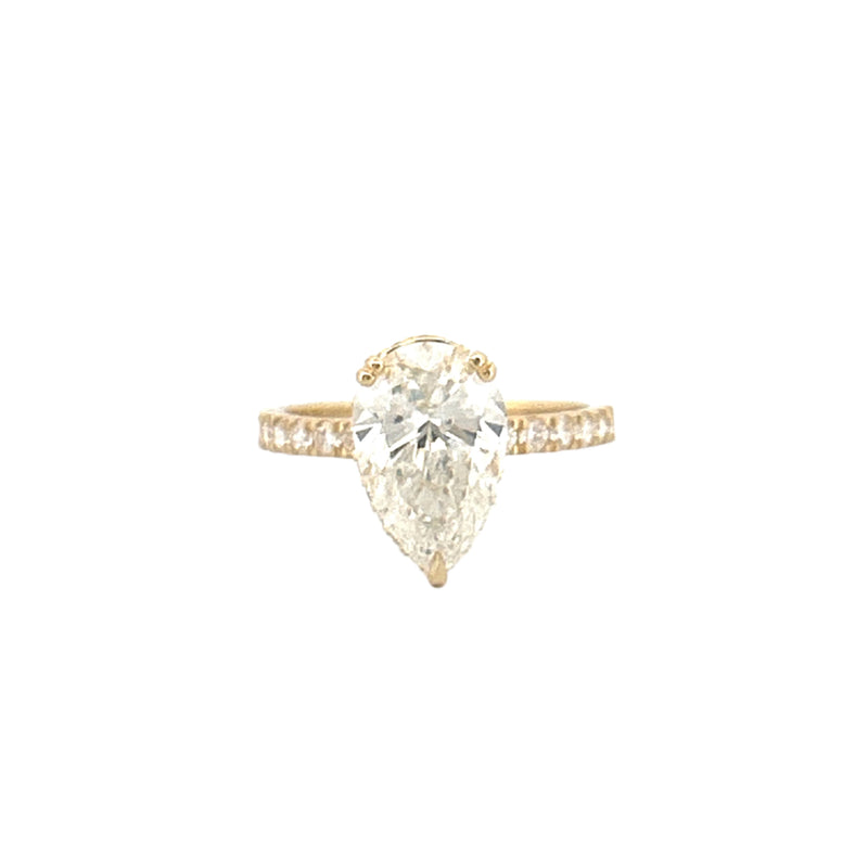14K Gold 3.00 Carat Lab Grown Pear Diamond Prong Set Engagement Ring with Diamond Under Halo and Prongs